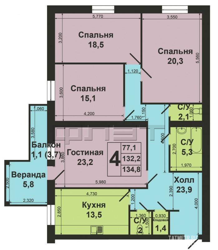 Продаю отличную 4-к квартиру улучшенной планировки на 8 этаже 10-этажного кирпичного дома по просп.Ямашева,д.50 Дом... - 24