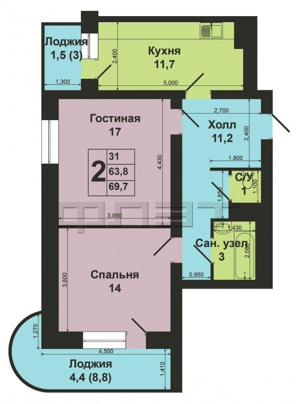 Продается 2-х комнатная квартира на 13-м этаже 14-ти этажного кирпичного дома. Общая площадь 64.4 кв.м, комнаты... - 14