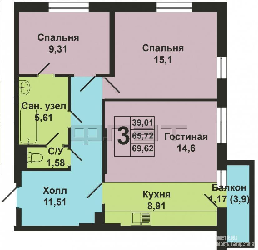 Продается трехкомнатная квартира площадью 65.72 / 39.01 / 8.91 кв.м. в ЖК 'Green'. Это новый жилой комплекс от... - 6