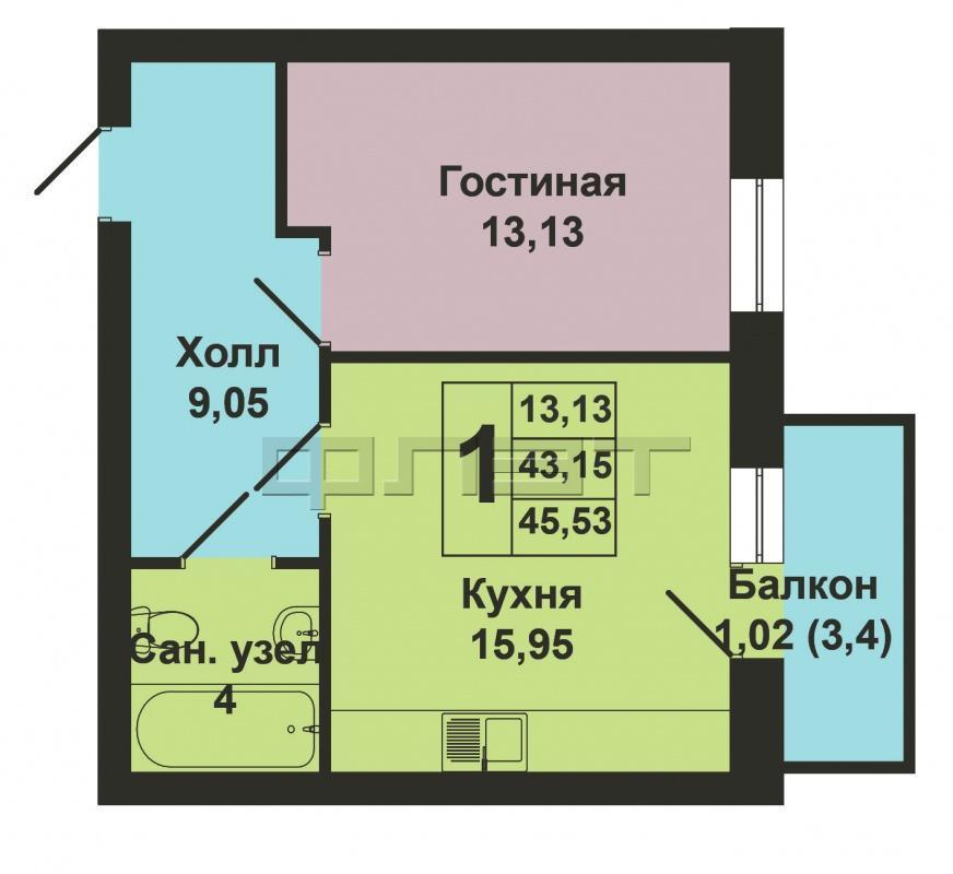 Продается однокомнатная квартира площадью 43.15 / 13.13 / 15.95 кв.м. в жилом комплексе 'Весна' в Советском районе.... - 13