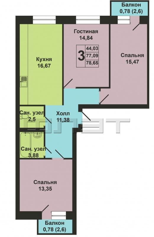 Продается трехкомнатная квартира площадью 78.65 / 43.66 / 16.67 кв.м. в ЖК 'Царево Village'. ВЫГОДНЫЕ УСЛОВИЯ при... - 15