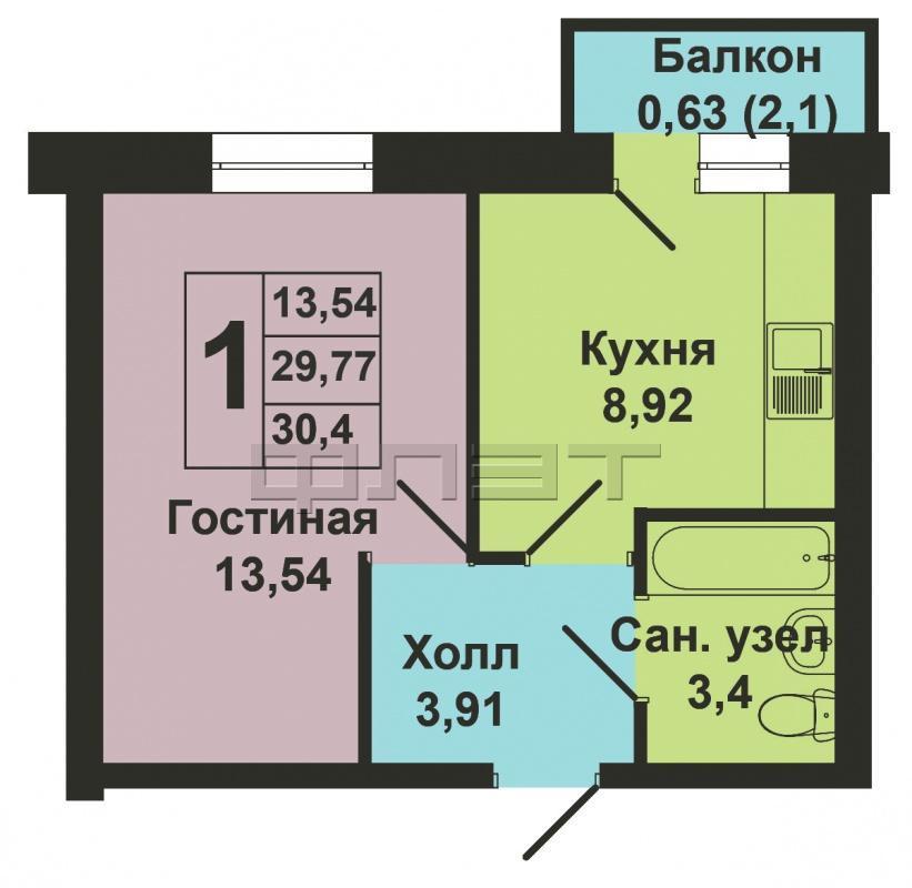 Продается однокомнатная квартира площадью 30.40 / 13.54 / 8.92 кв.м. в ЖК 'Царево Village' в прекрасном озелененном... - 13