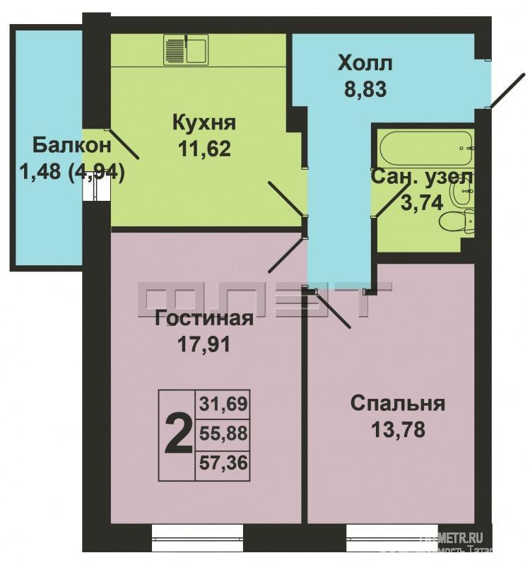 Продается двухкомнатная квартира площадью 57.36 / 31.69 / 11.62 кв.м. в уникальном жилом комплексе 'Весна'. ВЫГОДНЫЕ... - 13
