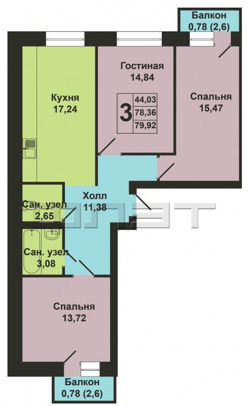 Продается трехкомнатная квартира площадью 79.92 / 44.03 / 17.24 кв.м. в ЖК 'Царево Village'. ВЫГОДНЫЕ УСЛОВИЯ при... - 16