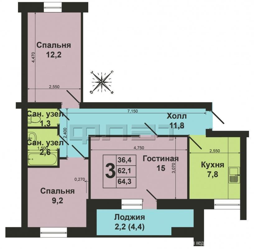 Продается просторная, светлая 3-комнатная квартира ул. Глазунова д.8 . 60/ /8 Кирпичный дом. Средний этаж. Недавно... - 9