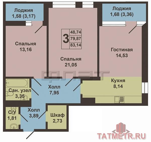 Продается трехкомнатная квартира площадью 79.87 / 48.74 / 8.14 кв.м. в ЖК 'Столичный' в Ново-Савиновском районе. ЖК... - 9