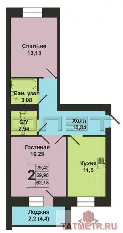 Продается двухкомнатная квартира площадью 59.40 / 29.12 / 11.15 кв.м. в новом ЖК 'Тулпар' в Приволжском районе.... - 10