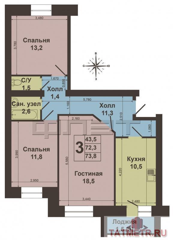 Авиастроительный район. Чапаева 21. Продается 3К квартира в кирпичном доме, 2007 года постройки. Общая площадь 72,3... - 9