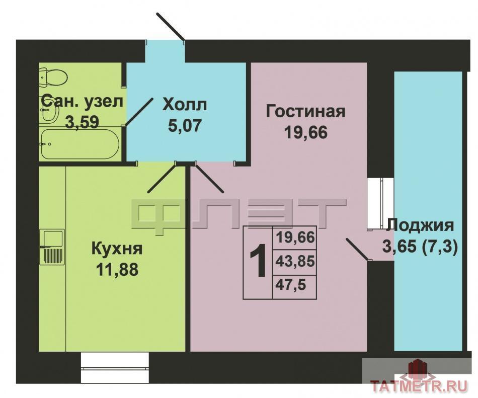 Продается однокомнатная квартира площадью 43.85 / 19.66 / 11.80 кв.м. в новом ЖК 'Тулпар' в Приволжском районе.... - 10