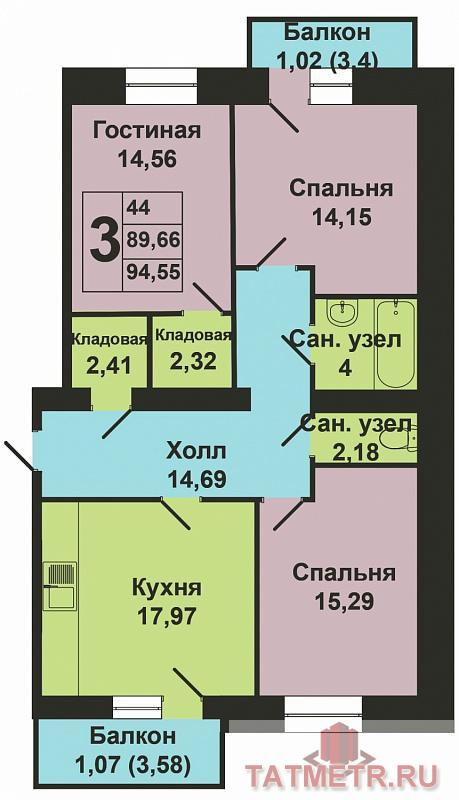 Продается трехкомнатная квартира площадью 89.03 / 44.02 / 17.98 кв.м. в жилом комплексе 'Весна' в Советском районе.... - 9