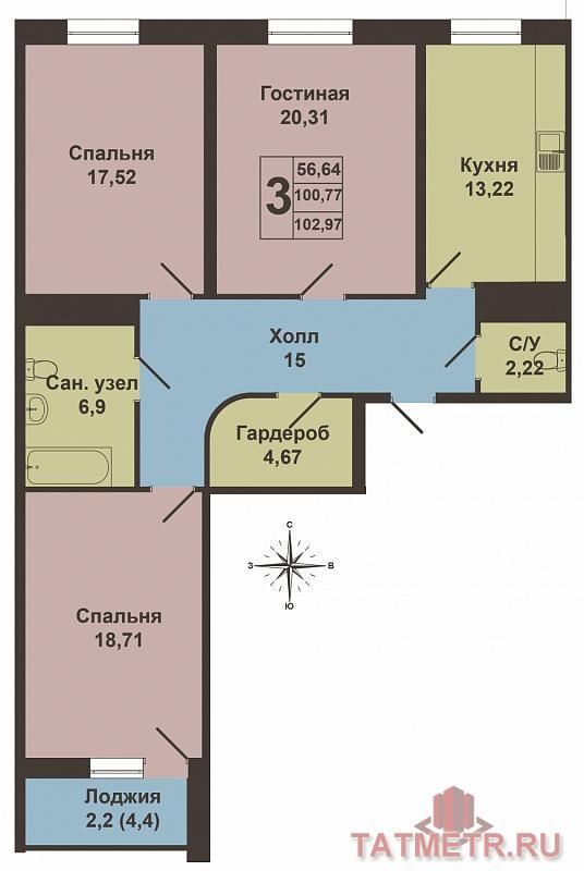 Продается просторная трехкомнатная квартира площадью 103.77 кв.м. в жилом комплексе 'Столичный' в Ново-Савиновском... - 10
