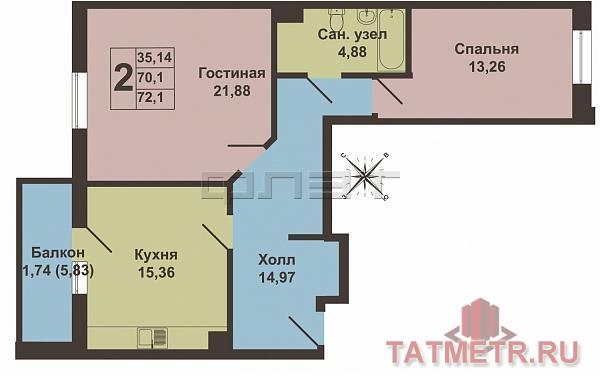 Продается просторная светлая двухкомнатная квартира в жилом комплексе 'Казань XXI век'. Общая площадь квартиры 72.10... - 5