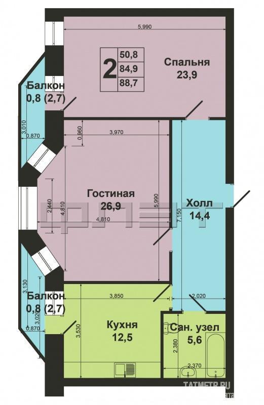 Вахитовский район,ул Заслонова, д. 5. Продается 2-х комнатная квартира на 5 этаже 9-ти этажного кирпичного дома. 85... - 11