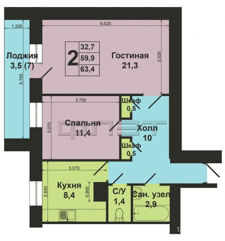 Продается просторная 2х-комнатная квартира. Площадью 57 кв.м. на 12 этаже кирпичного дома (технический этаж).... - 6