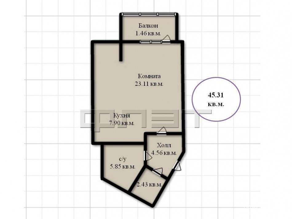 Продается однокомнатная квартира площадью 45.31 / 23.11 / 7.90 кв.м. в новом жилом комплексе 'Манхэттен' в 5 минутах... - 8