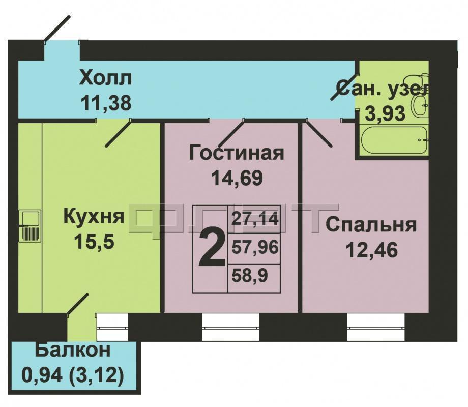 Продается двухкомнатная квартира площадью 58.89 / 27.15 / 15.50 кв.м. в престижном жилом комплексе 'Арт Сити' в 5... - 9