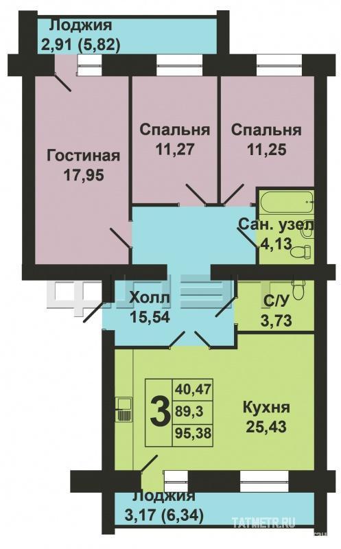 Продается трехкомнатная квартира площадью 95.38 / 40.47 / 25.43 кв.м. в престижном жилом комплексе 'Арт Сити' в 5... - 9