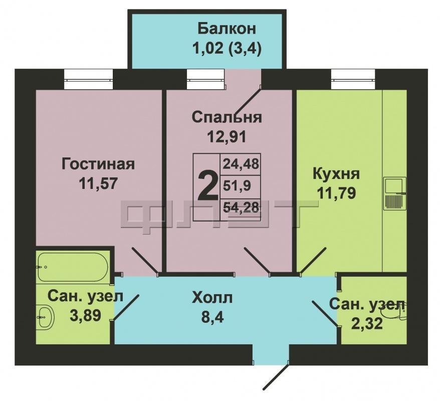 Продается двухкомнатная квартира площадью 51.90 / 24.48 / 11.79 кв.м. в престижном жилом комплексе 'Арт Сити' в 5... - 10