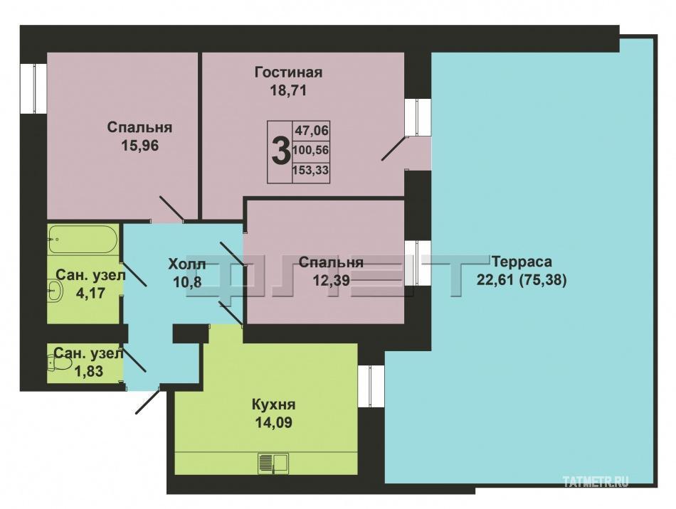 Продается трехкомнатная квартира площадью 100.56 / 47.06 / 14.09 (просторная терраса 75.38)  кв.м. на пересечении... - 12