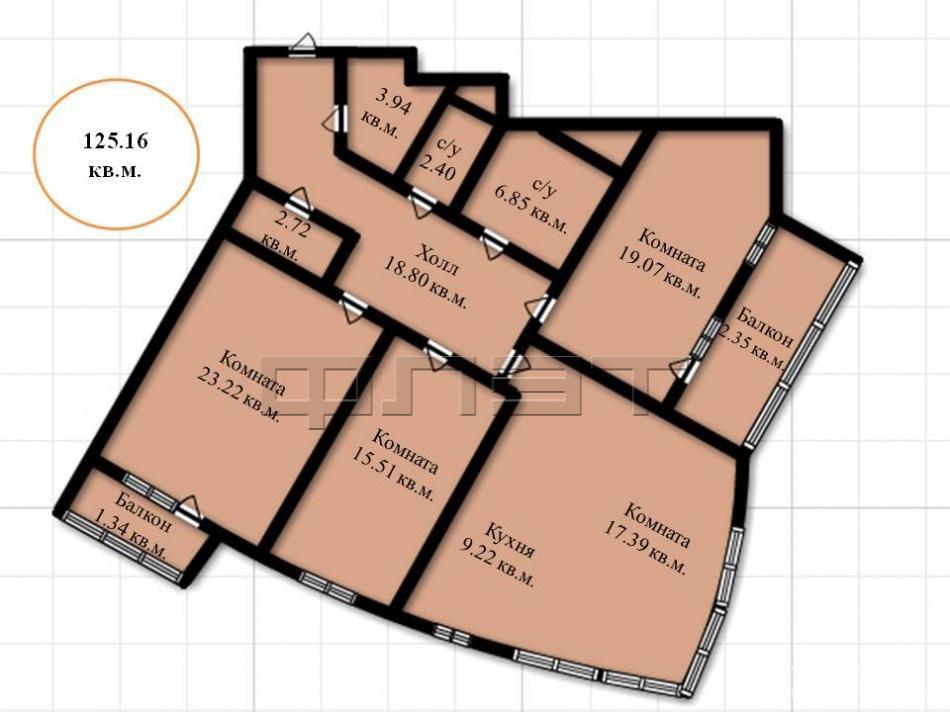 Продается четырехкомнатная квартира площадью 125.17 / 75.19 / 9.22  кв.м. в новом жилом комплексе 'Манхэттен' в 5... - 9