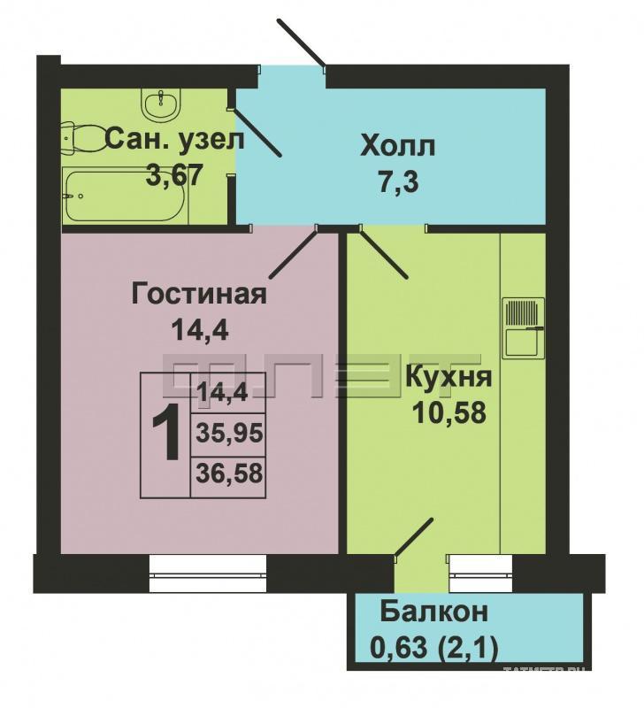 Продается однокомнатная квартира площадью 36.58 / 14.40 / 10.58 кв.м. в ЖК 'Царево Village' в прекрасном озелененном... - 14
