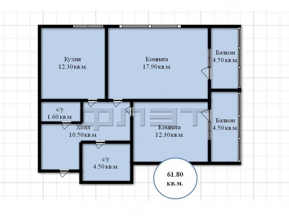 Продается двухкомнатная квартира площадью 61.80 / 30.20 / 12.30 кв.м. в новом жилом комплексе '5 звезд'. Он... - 6