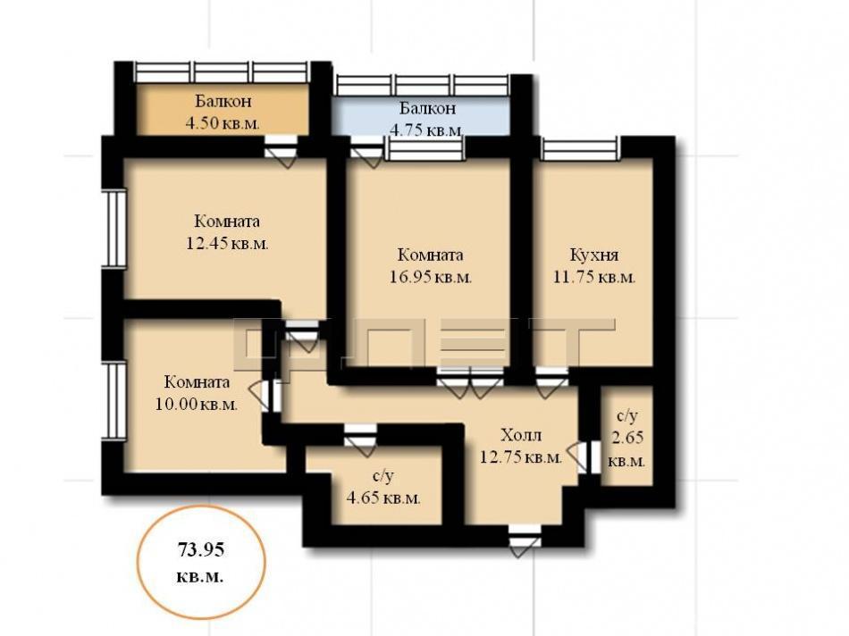 Продается трехкомнатная квартира площадью 73.95 кв.м. в новом жилом комплексе '5 звезд'. Он расположен в Кировском... - 6