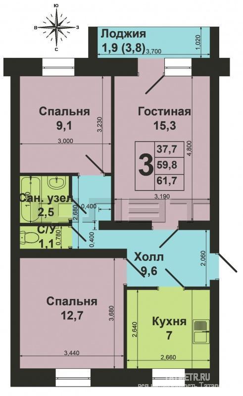 Зеленодольск, Город, Маяковского, 6. Квартира 65 м2, включает в себя общую площадь 60 м2 и вспомогательную 5 м2 в... - 15