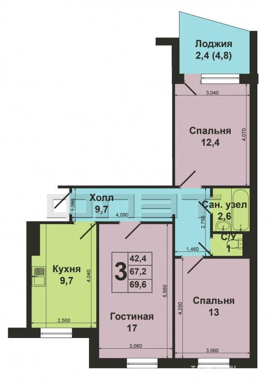 Ново-Савиновский район, ул. Четаева 32. Продается 3-ая квартира общей площадью 67,8 м2, жилая - 42,4 м2, кухня - 9,7... - 6