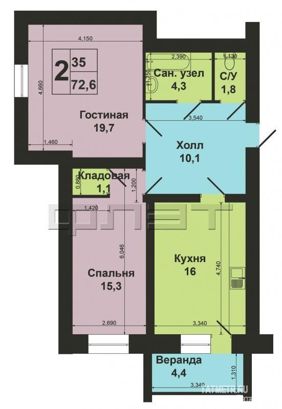 Зеленодольск, мирный, ул. Королева, д.14а. Продается 2-комнатная квартира улучшенной планировки 68,2 кв.м в новом... - 9