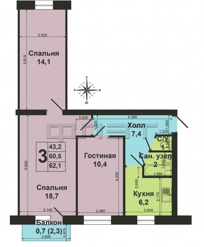 Зеленодольск, город, ул. Гоголя д.40. Продается 3-комнатная «хрущевка» в кирпичном доме, 59,8 кв.м, на 3 этаже,... - 10