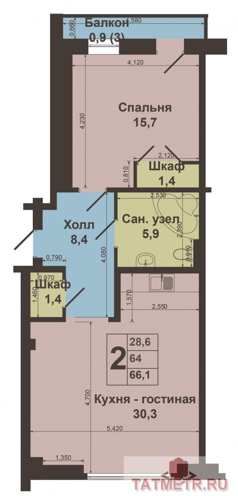 Ново-Савиновский район, ул.Меридианная, д.1. Продаю двухкомнатную квартиру 64 м.кв, кухня- гостиная 30 м-кв, комната... - 14