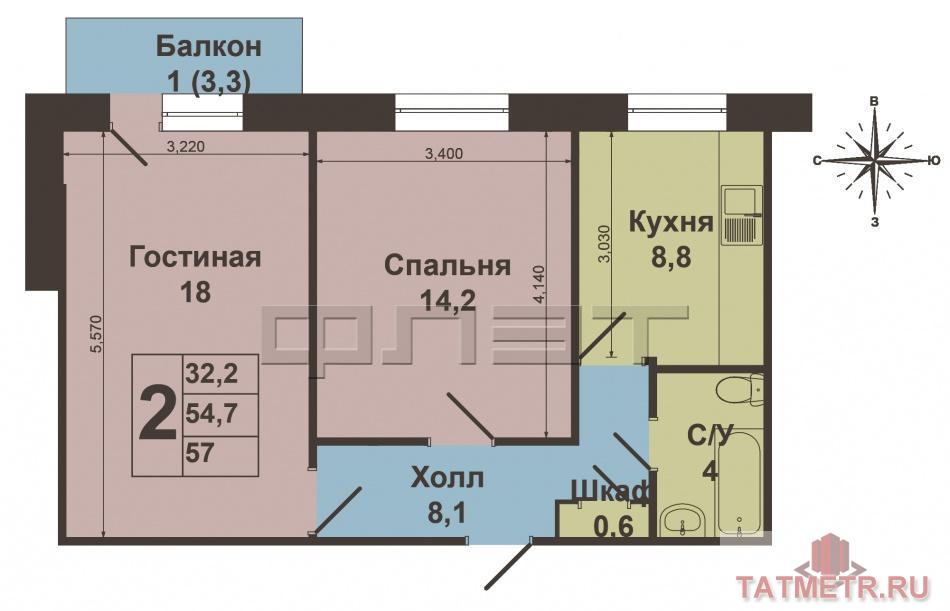 Ново-савиновский район, Ямашева 61. Продается хорошая двухкомнатная квартира в доме с улучшенными планировками. Общая... - 9