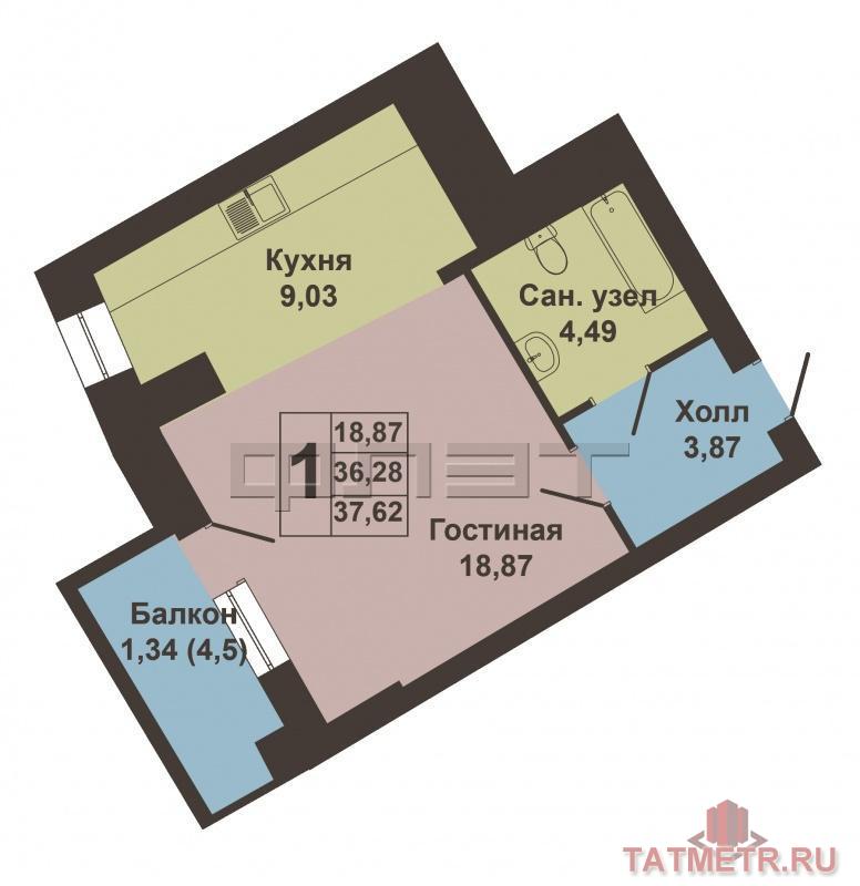 Приволжский район, Оренбургский тракт, д.8. Продается однокомнатная квартира в ЖК 'Манхеттен'(ЖК «ВДНХ») площадью 37,... - 3