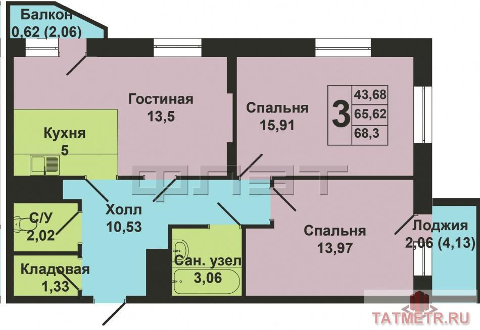 Продается трехкомнатная квартира площадью 65.88 кв.м. в ЖК 'Сказочный лес' в Приволжском районе (дом 'Рябина').... - 7