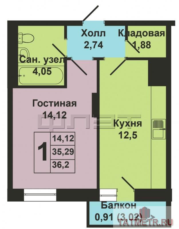 Продается однокомнатная квартира площадью 36.09 кв.м. в ЖК 'Сказочный лес' в Приволжском районе (дом 'Рябина').... - 7