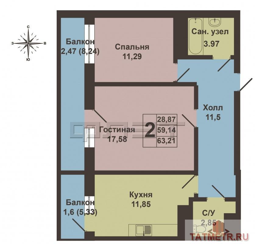Продается двухкомнатная квартира площадью 62.89 / 28.87 / 11.66 кв.м. в ЖК 'Казань XXI век' (2 очередь).  Комплекс... - 8