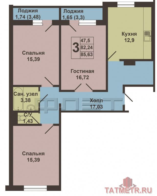 Продается трехкомнатная квартира площадью  85.63 / 47.50 / 12.90 кв.м. в жилом комплексе 'Родина'. Это 19-этажный... - 5