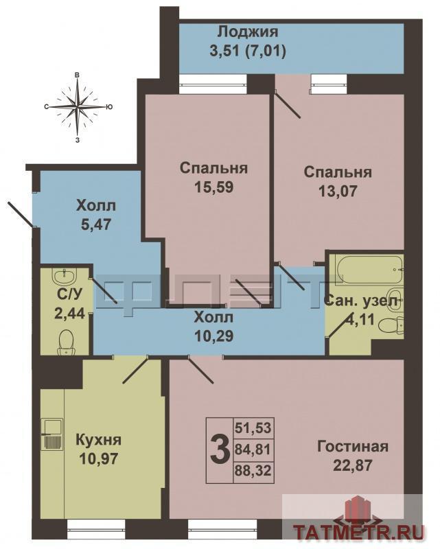 Продается трехкомнатная квартира площадью 88.12 / 51.53 / 10.77 кв.м. в ЖК 'Три Богатыря'. Комплекс состоит из трех... - 5