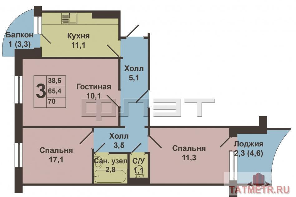 Продается просторная, солнечная 3-х комнатная квартира в Советском районе на 9-м этаже 10-ти этажного дома,  по улице... - 8