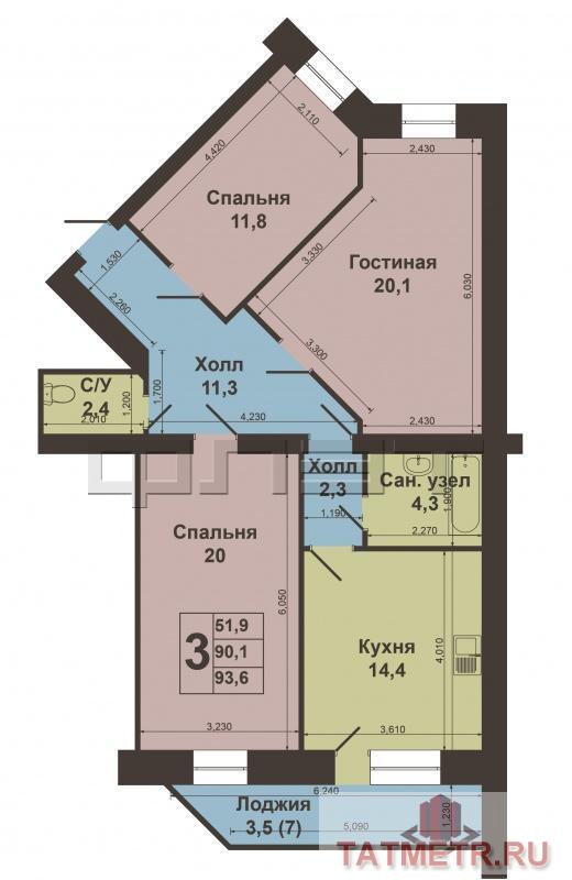 Вахитовский район,  улица  Зинина  7,   новый  кирпичный дом. Уютная трехкомнатная  квартира  в центре  города  90,1... - 9