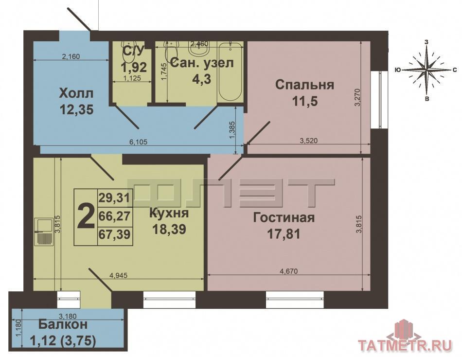 Продается двухкомнатная квартира площадью 67.39 кв.м. в жилом комплексе 'Весна' в Советском районе. ВЫГОДНЫЕ УСЛОВИЯ... - 14