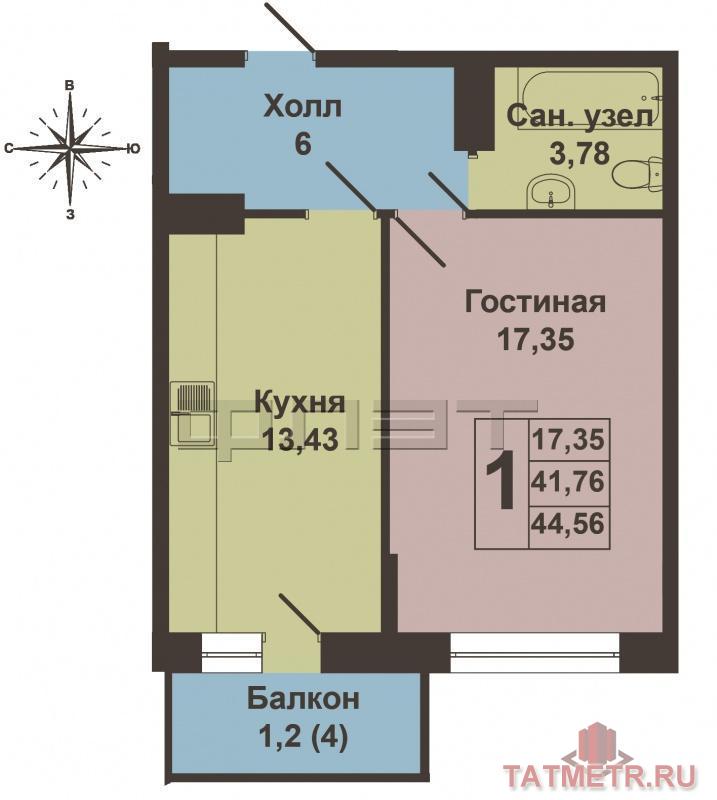 Продается однокомнатная квартира площадью 41.76 / 17.35 / 13.43 кв.м. в ЖК 'Соло' в Приволжском районе. В доме 10... - 10