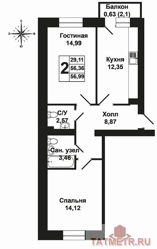 Продается двухкомнатная квартира площадью 56.99 / 29.11 / 12.35 кв.м. в жилом комплексе 'Царево Village' в прекрасном... - 12