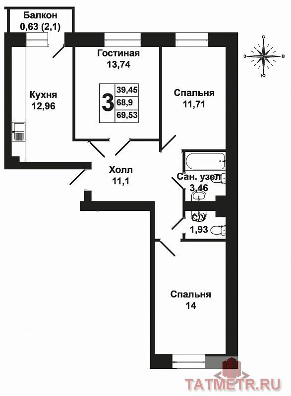 Продается трехкомнатная квартира площадью 69.53 / 39.45 / 12.96 кв.м. в жилом комплексе 'Царево Village' в прекрасном... - 12
