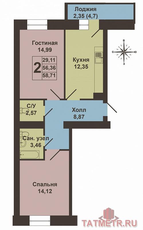 Продается двухкомнатная квартира площадью 58.71 / 29.11 / 12.35 кв.м. в жилом комплексе 'Царево Village' в прекрасном... - 11