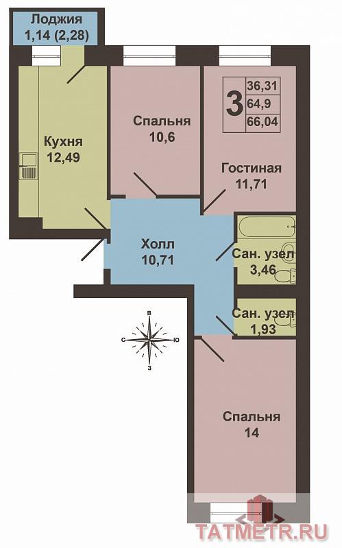 Продается трехкомнатная квартира площадью 66.04 / 36.31 / 12.49 кв.м. в жилом комплексе 'Царево Village' в прекрасном... - 10