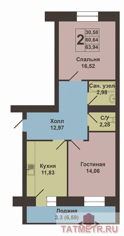 Продается двухкомнатная квартира площадью 63.94 / 30.58 / 11.83 кв.м. в жилом комплексе 'Весна' в Советском районе.... - 9