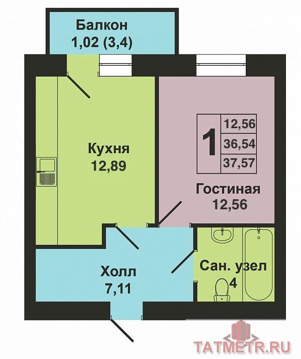 Продается однокомнатная квартира площадью 37.57 / 12.56 / 12.89 кв.м. в жилом комплексе 'Весна' в Советском районе.... - 8
