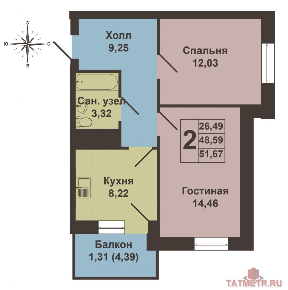 Продается двухкомнатная квартира площадью 48.59 / 26.49 / 8.22 кв.м. в жилом комплексе 'Залесный Сити'.  Планировка... - 6